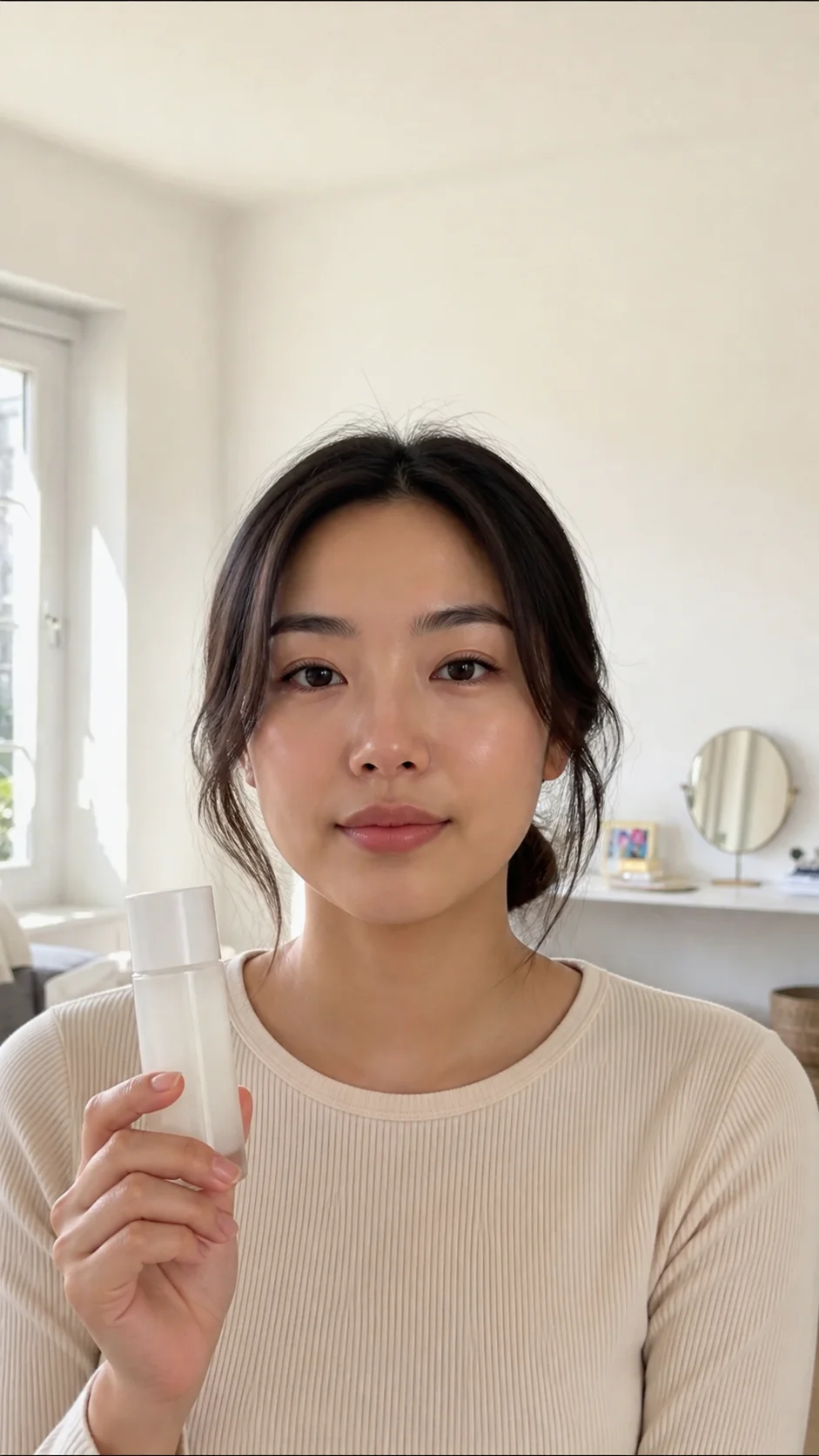 スキンケア商品を手にしたAI俳優、9:16のUGC広告静止画